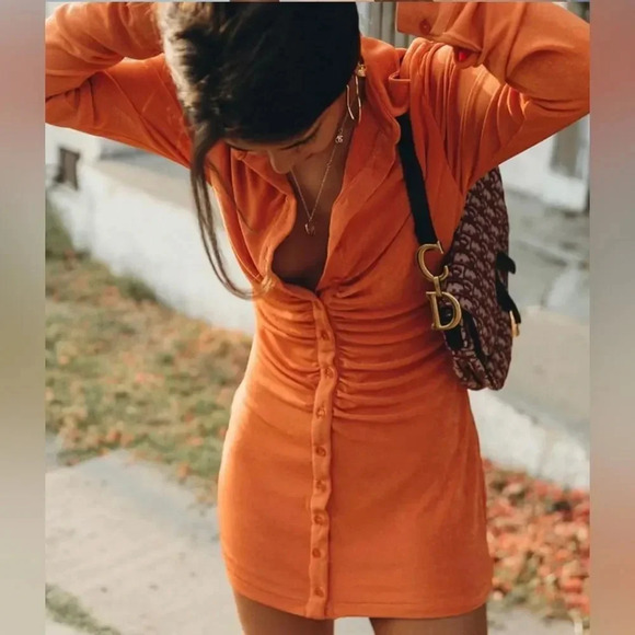 With Jean Andy Mini Dress - Maple Orange, Ruched Button-Down XS, - Picture 4 of 16